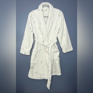 Soma Star Print Plush Spa Robe Women S/M White Fleece Kimono Belted Shawl Collar